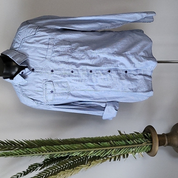 Eighty Eight Platinum blue striped button down shirt with navy seam detail - Picture 1 of 10